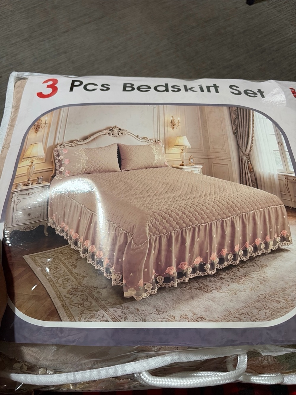 3-Piece Dusty Pink Quilted Bedskirt Set with Floral Lace Trim
